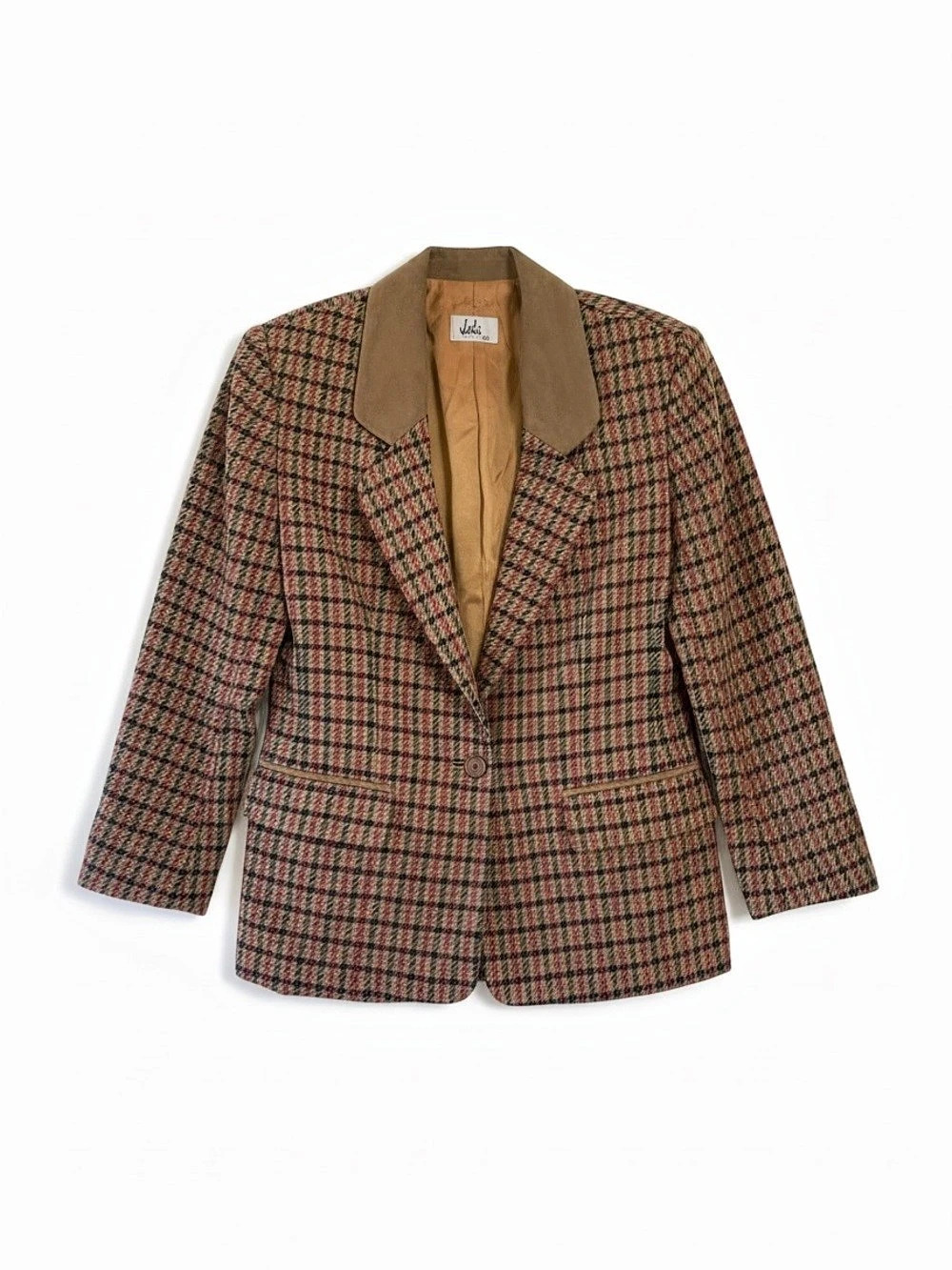 Jaki Petites Rare Vintage Wool Blend Houndstooth Blazer, Pockets, Suede Collar